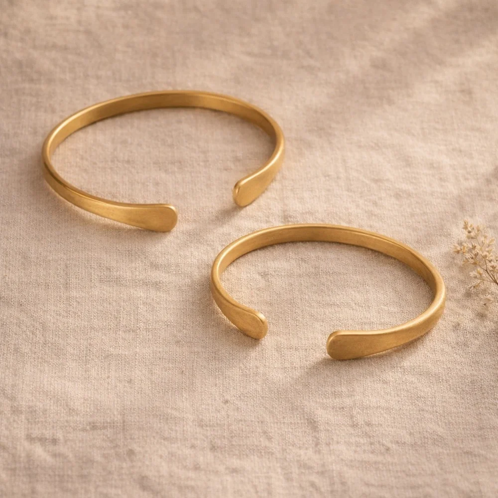 Pair Solid Brass Handmade Open Cuffs Paddle Terminal Artisan Minimalist Gold